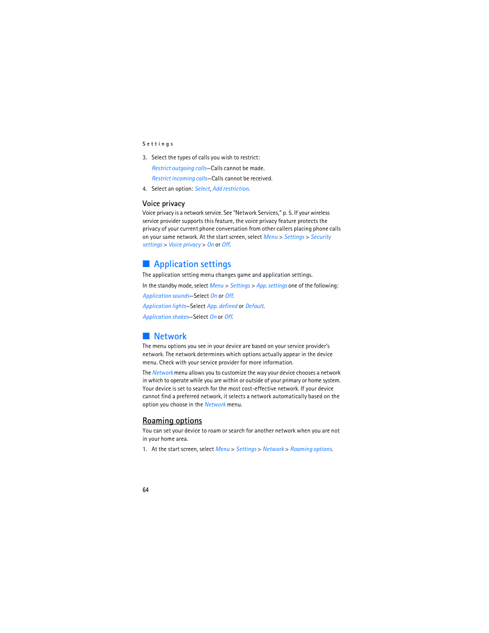 Roaming options, Application settings, Network | Nokia 6235i User Manual | Page 65 / 233