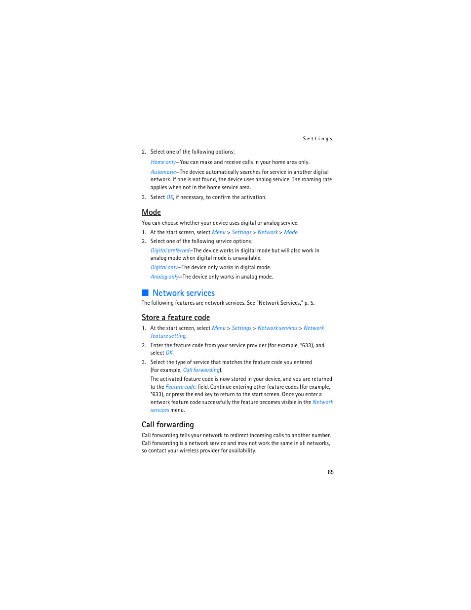 Network services, Mode, Store a feature code | Call forwarding | Nokia 6235i User Manual | Page 66 / 233