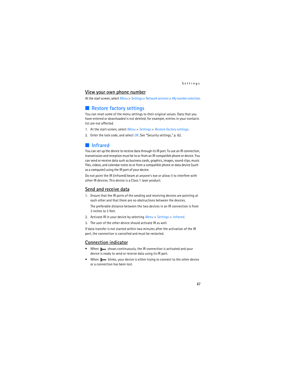 Restore factory settings, Infrared, View your own phone number | Send and receive data, Connection indicator | Nokia 6235i User Manual | Page 68 / 233