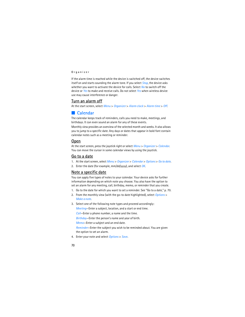 Calendar, Turn an alarm off, Open | Go to a date | Nokia 6235i User Manual | Page 71 / 233