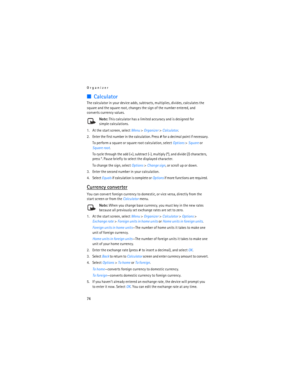 Calculator, Currency converter | Nokia 6235i User Manual | Page 75 / 233