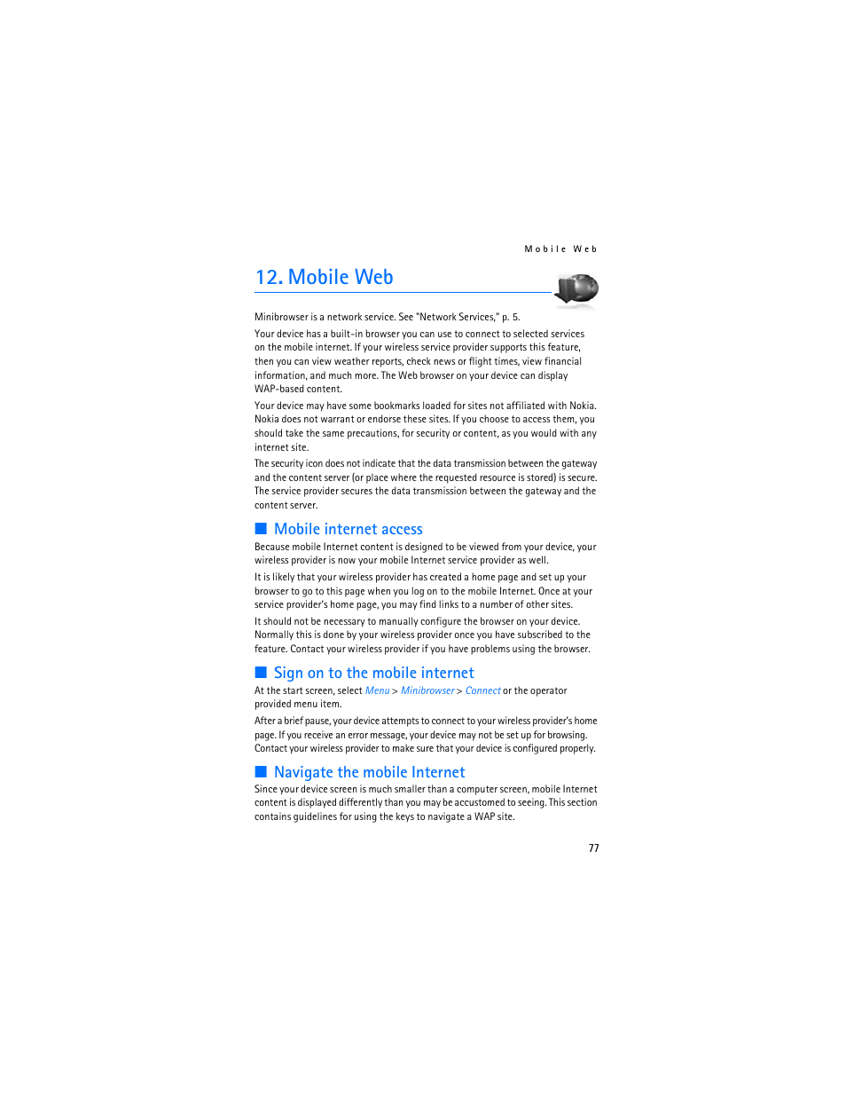 Mobile web, Mobile internet access, Sign on to the mobile internet | Navigate the mobile internet | Nokia 6235i User Manual | Page 78 / 233