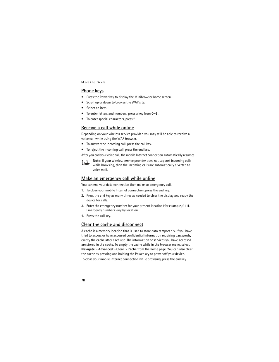 Phone keys, Receive a call while online, Make an emergency call while online | Clear the cache and disconnect | Nokia 6235i User Manual | Page 79 / 233