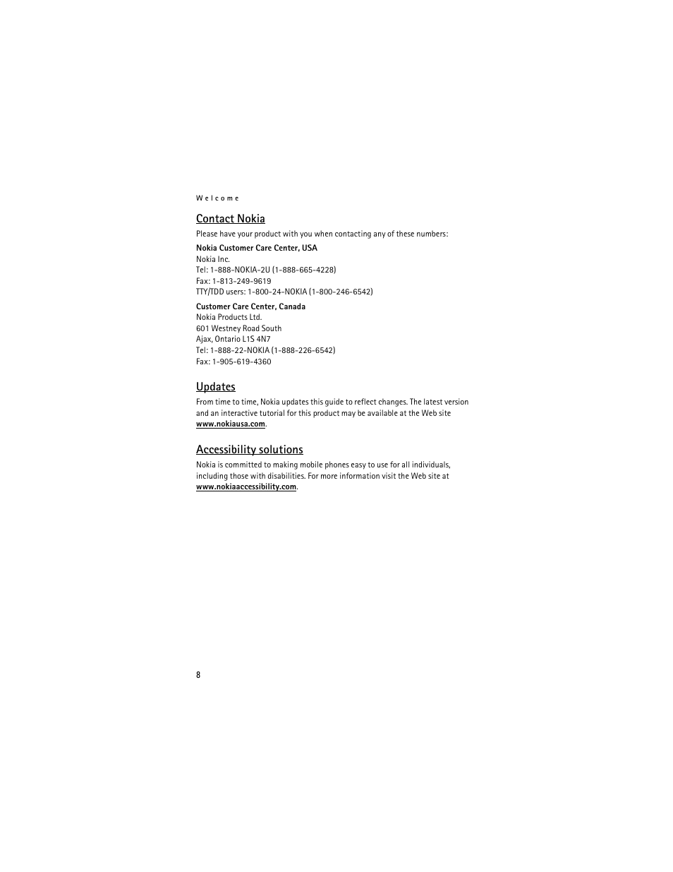 Contact nokia, Updates, Accessibility solutions | Nokia 6235i User Manual | Page 9 / 233