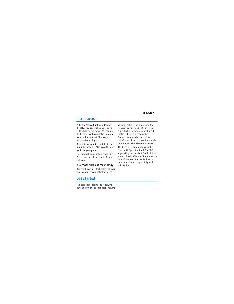 Introduction, Bluetooth wireless technology, Get started | Nokia BLUETOOTH HEADSET BH-212 User Manual | Page 3 / 9
