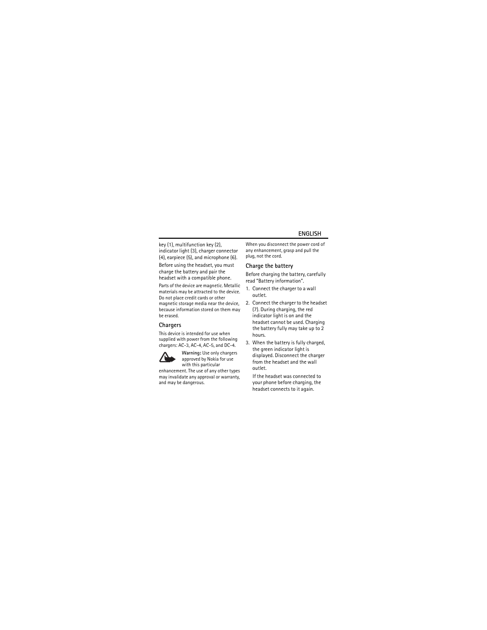 Chargers, Charge the battery | Nokia BLUETOOTH HEADSET BH-212 User Manual | Page 4 / 9