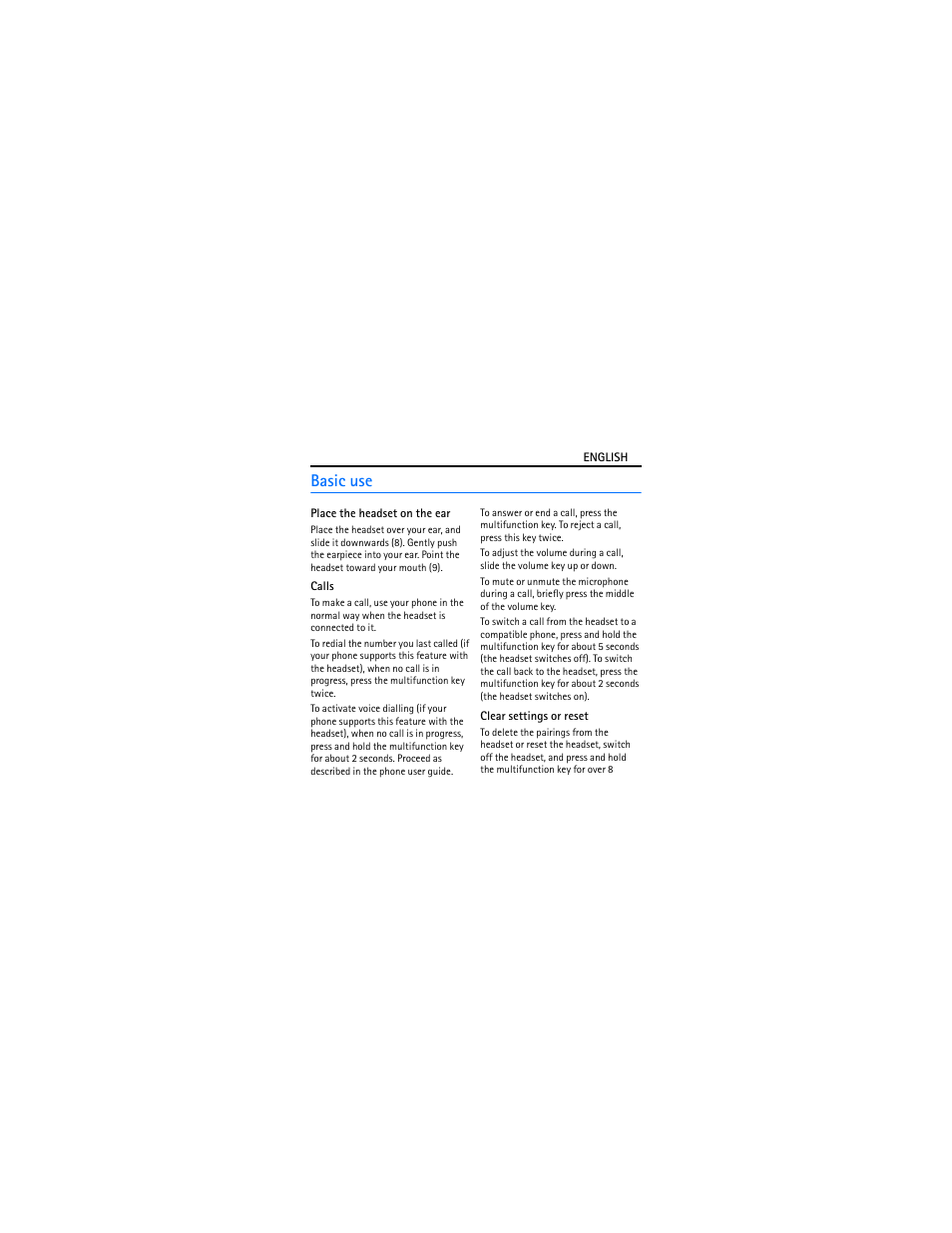 Basic use, Place the headset on the ear, Calls | Clear settings or reset | Nokia BLUETOOTH HEADSET BH-212 User Manual | Page 6 / 9