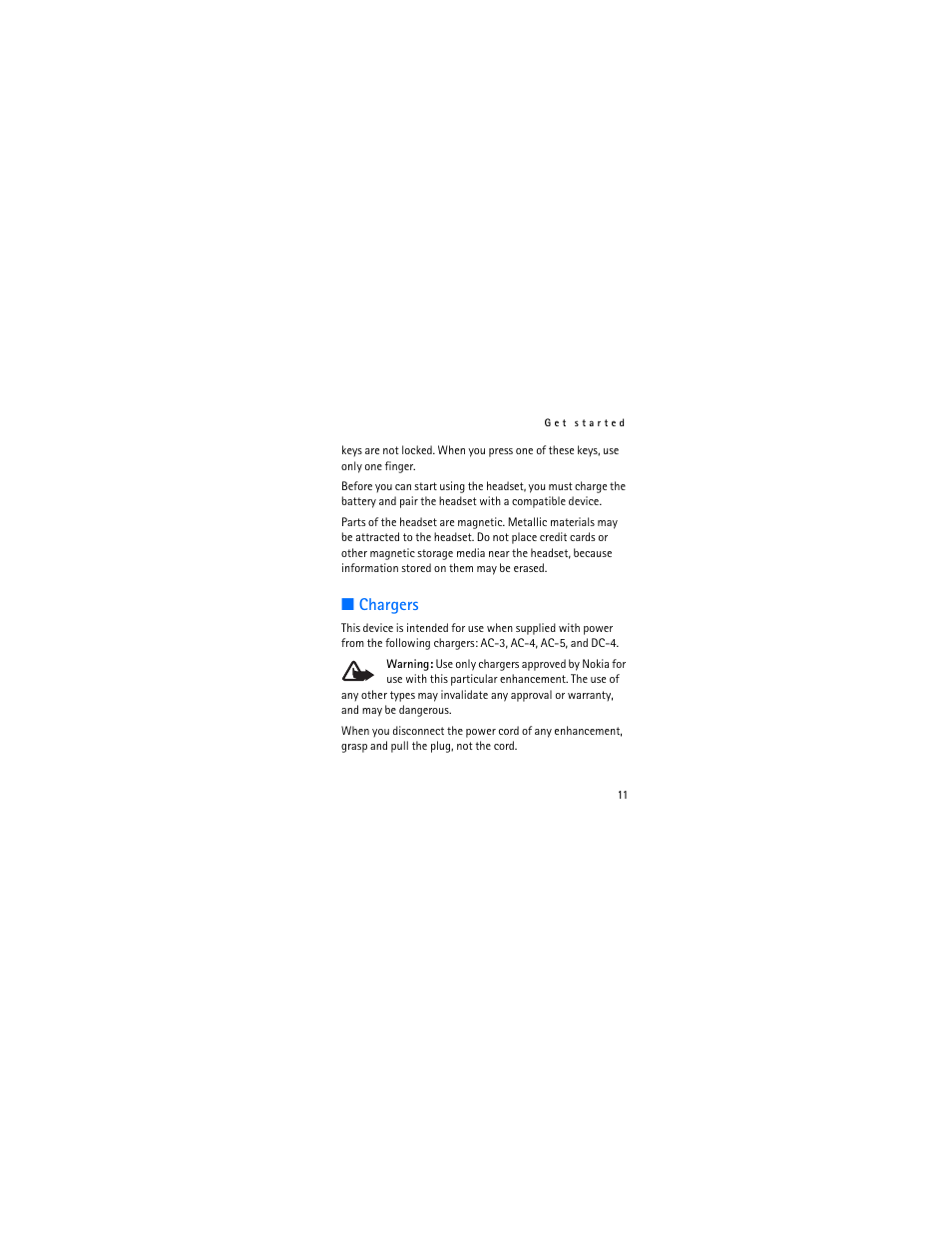Chargers | Nokia Bluetooth Stereo Headset BH-903 User Manual | Page 11 / 41