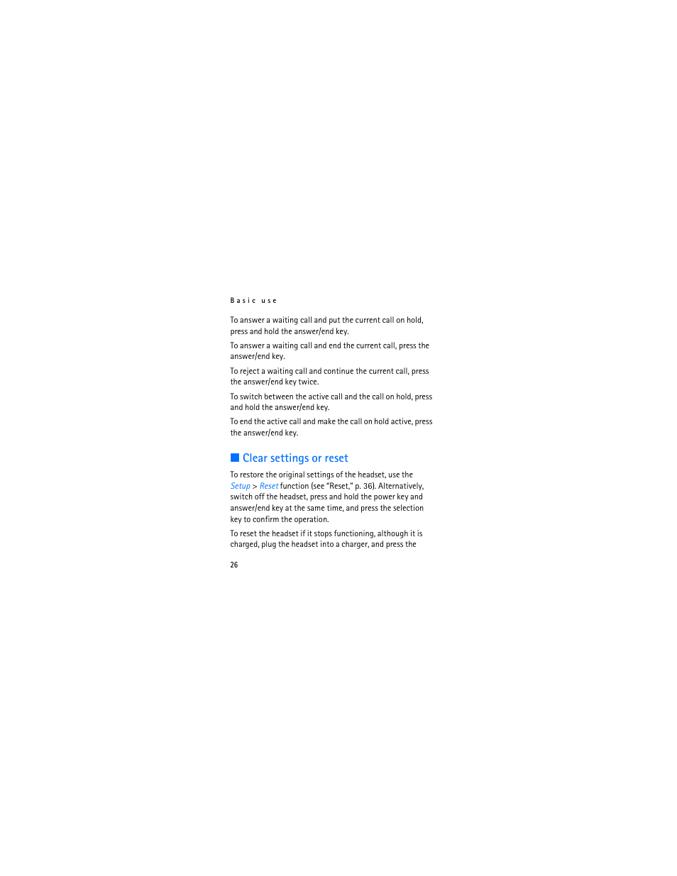 Clear settings or reset | Nokia Bluetooth Stereo Headset BH-903 User Manual | Page 26 / 41