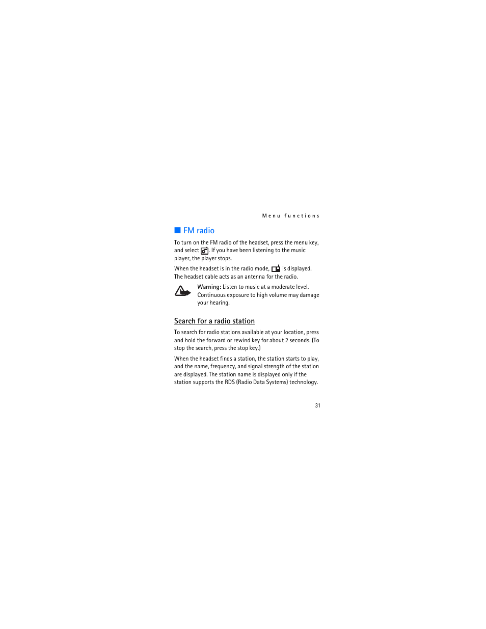 Fm radio, Search for a radio station | Nokia Bluetooth Stereo Headset BH-903 User Manual | Page 31 / 41