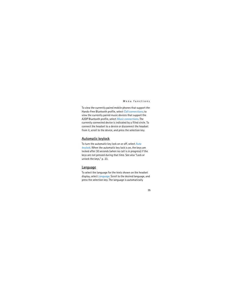 Automatic keylock, Language, Automatic keylock language | Nokia Bluetooth Stereo Headset BH-903 User Manual | Page 35 / 41