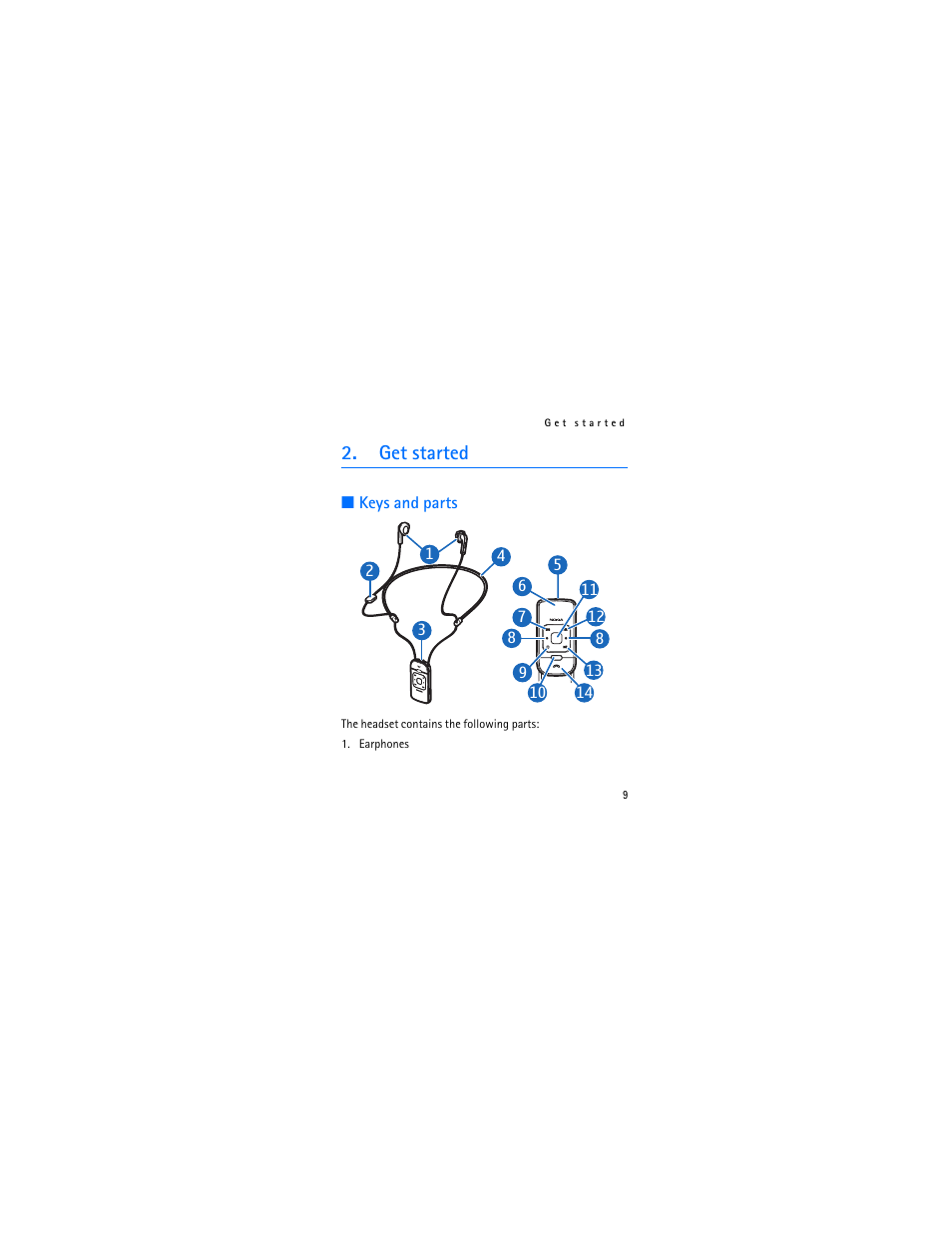 Get started, Keys and parts | Nokia Bluetooth Stereo Headset BH-903 User Manual | Page 9 / 41