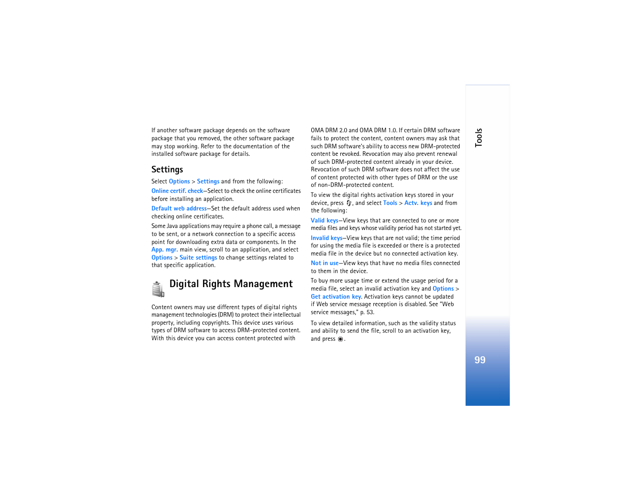 Digital rights management, Tools, Settings | Nokia N73 User Manual | Page 100 / 241