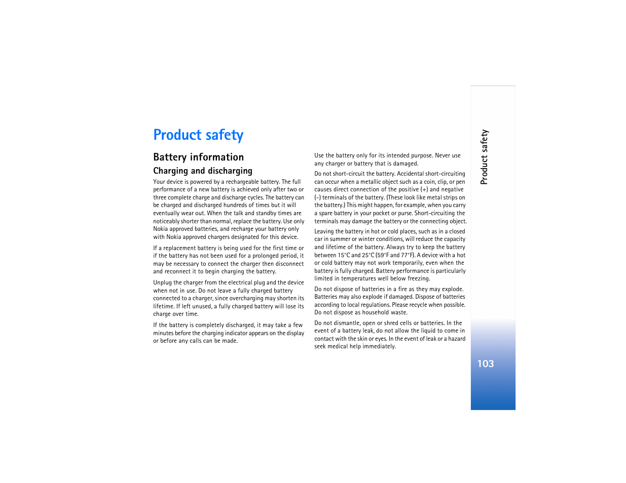 Product safety, Battery information | Nokia N73 User Manual | Page 104 / 241
