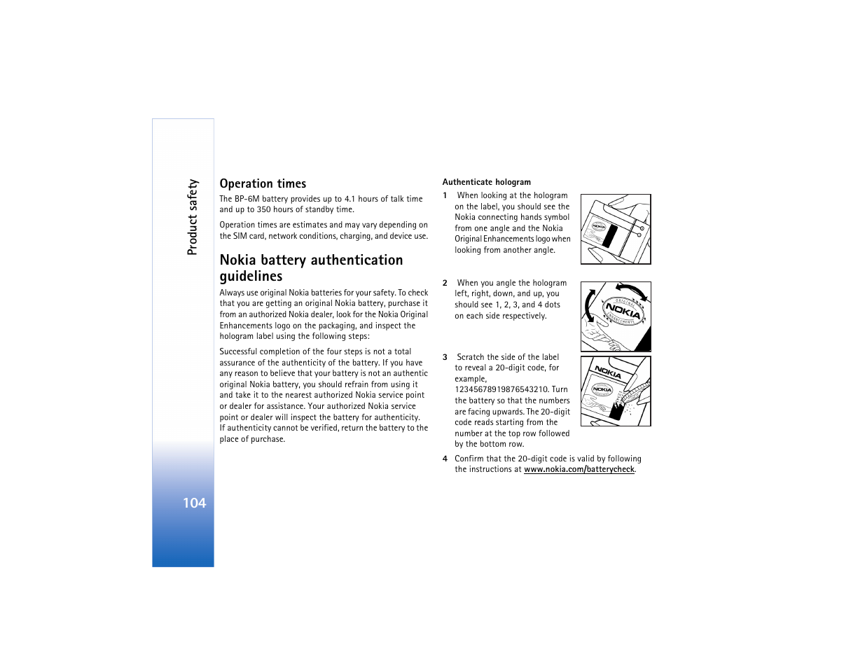 Nokia battery authentication guidelines | Nokia N73 User Manual | Page 105 / 241