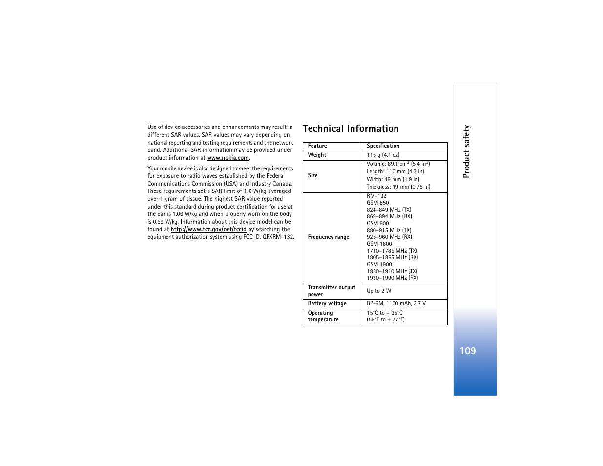 Technical information, Pr odu ct safe ty | Nokia N73 User Manual | Page 110 / 241