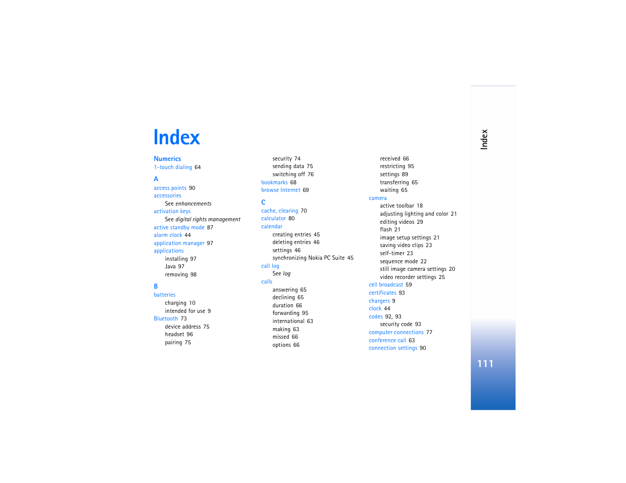 Index | Nokia N73 User Manual | Page 112 / 241