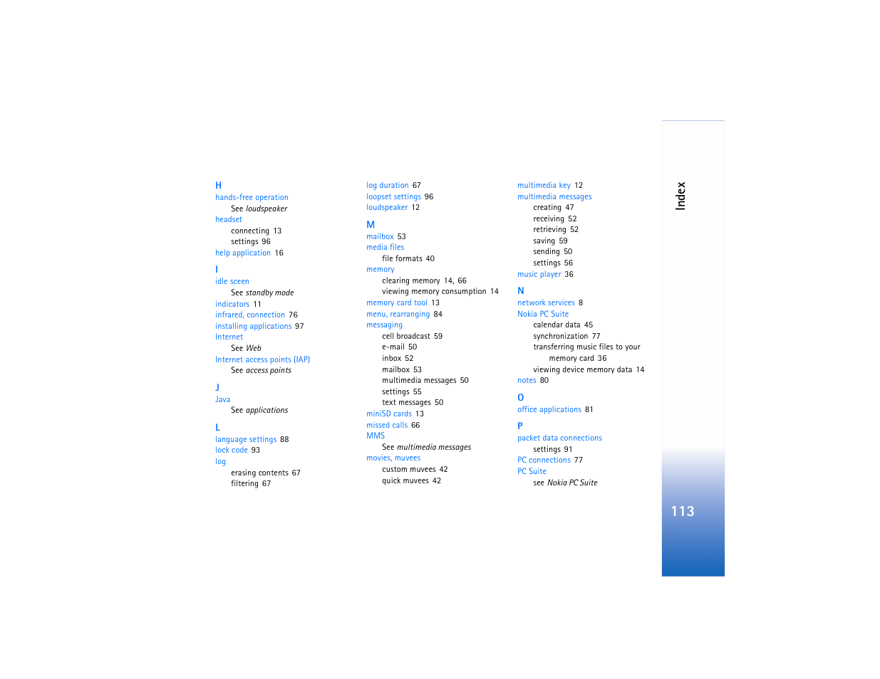 Ind ex | Nokia N73 User Manual | Page 114 / 241