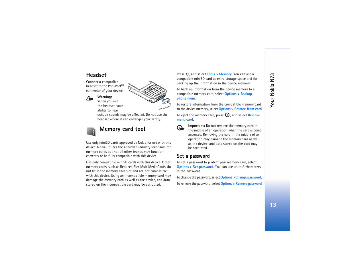 Headset, Memory card tool, Headset memory card tool | 13 headset | Nokia N73 User Manual | Page 14 / 241