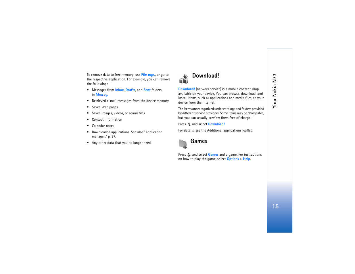 Download, Games, Download! games | Nokia N73 User Manual | Page 16 / 241