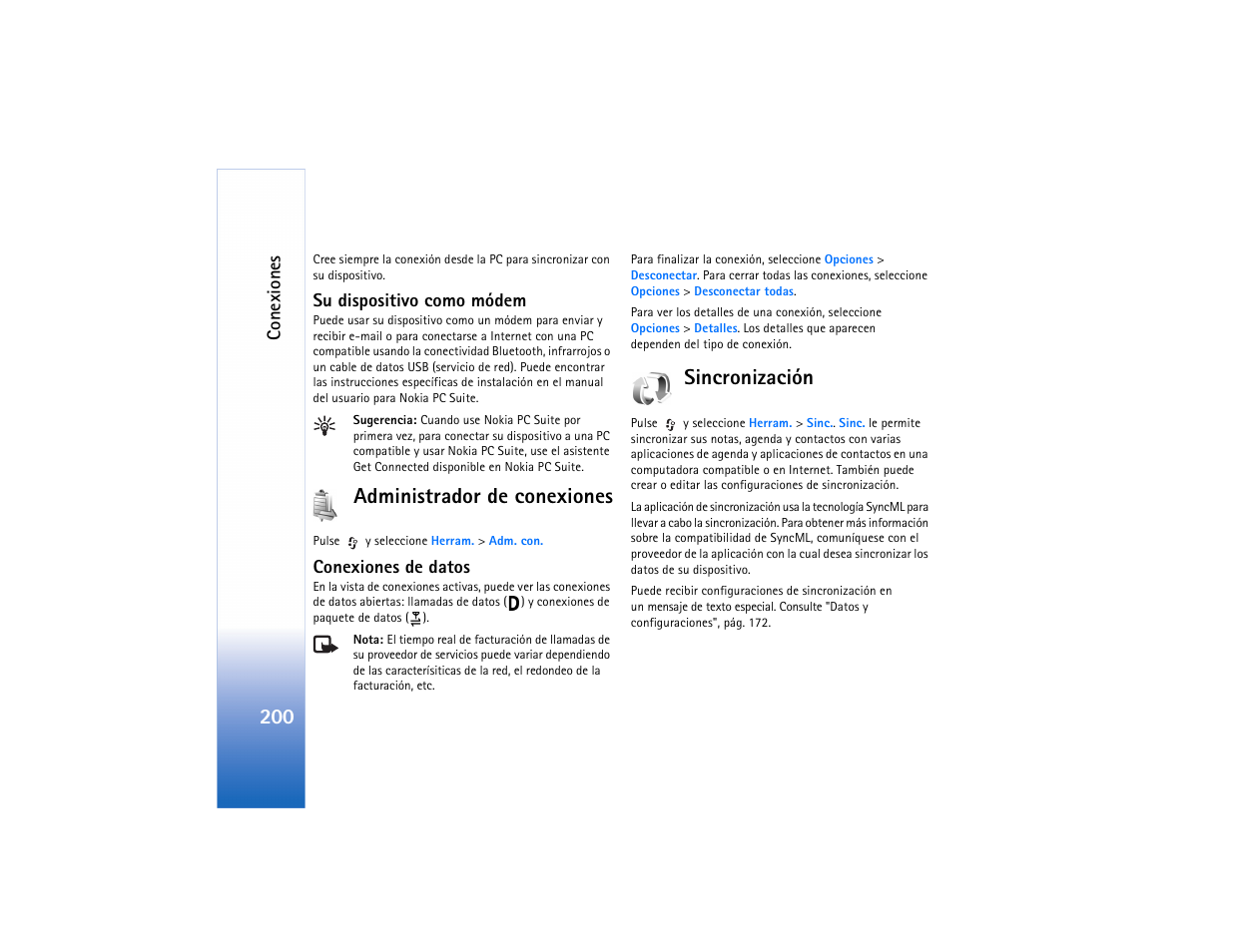 Administrador de conexiones, Sincronización, Administrador de conexiones sincronización | Nokia N73 User Manual | Page 201 / 241