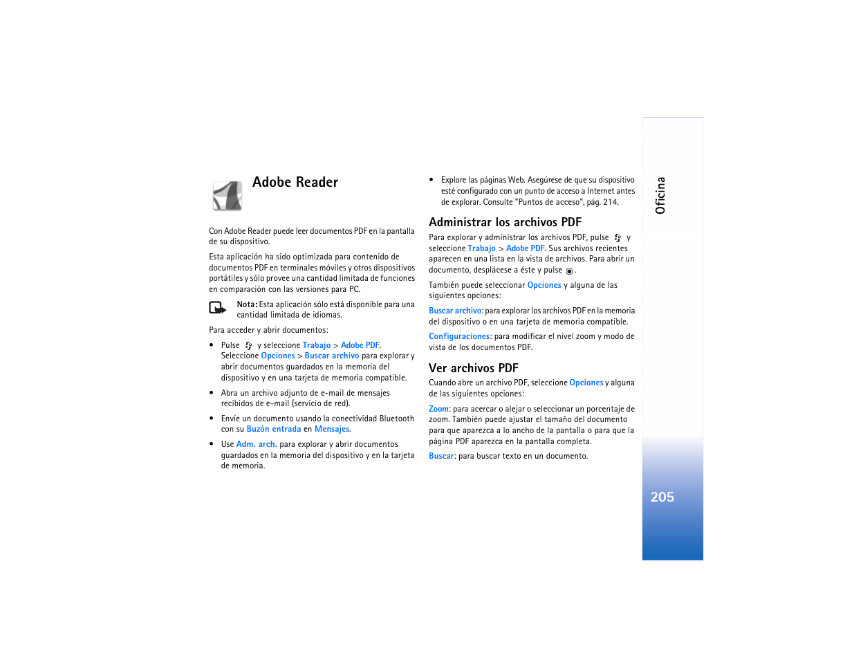 Adobe reader, 205 adobe reader, Of ic ina | Administrar los archivos pdf, Ver archivos pdf | Nokia N73 User Manual | Page 206 / 241