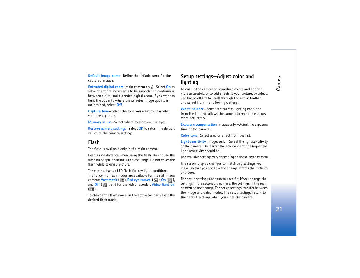 Setup settings—adjust color and lighting, Ca mer a, Flash | Nokia N73 User Manual | Page 22 / 241