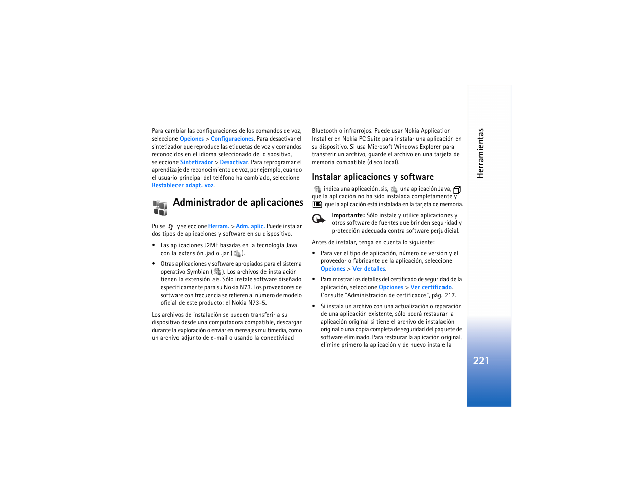 Administrador de aplicaciones | Nokia N73 User Manual | Page 222 / 241