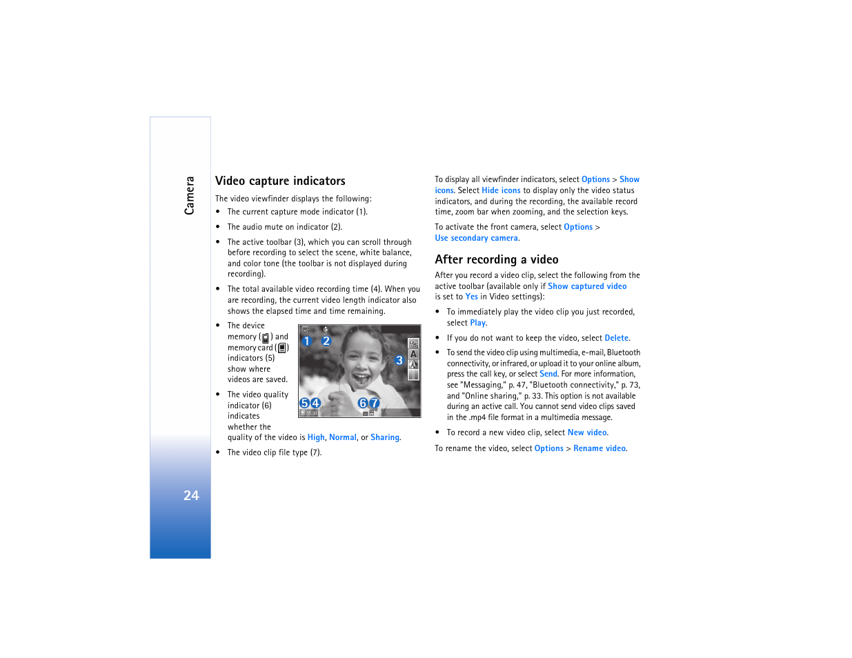 After recording a video," p. 24, Ca mer a, Video capture indicators | After recording a video | Nokia N73 User Manual | Page 25 / 241