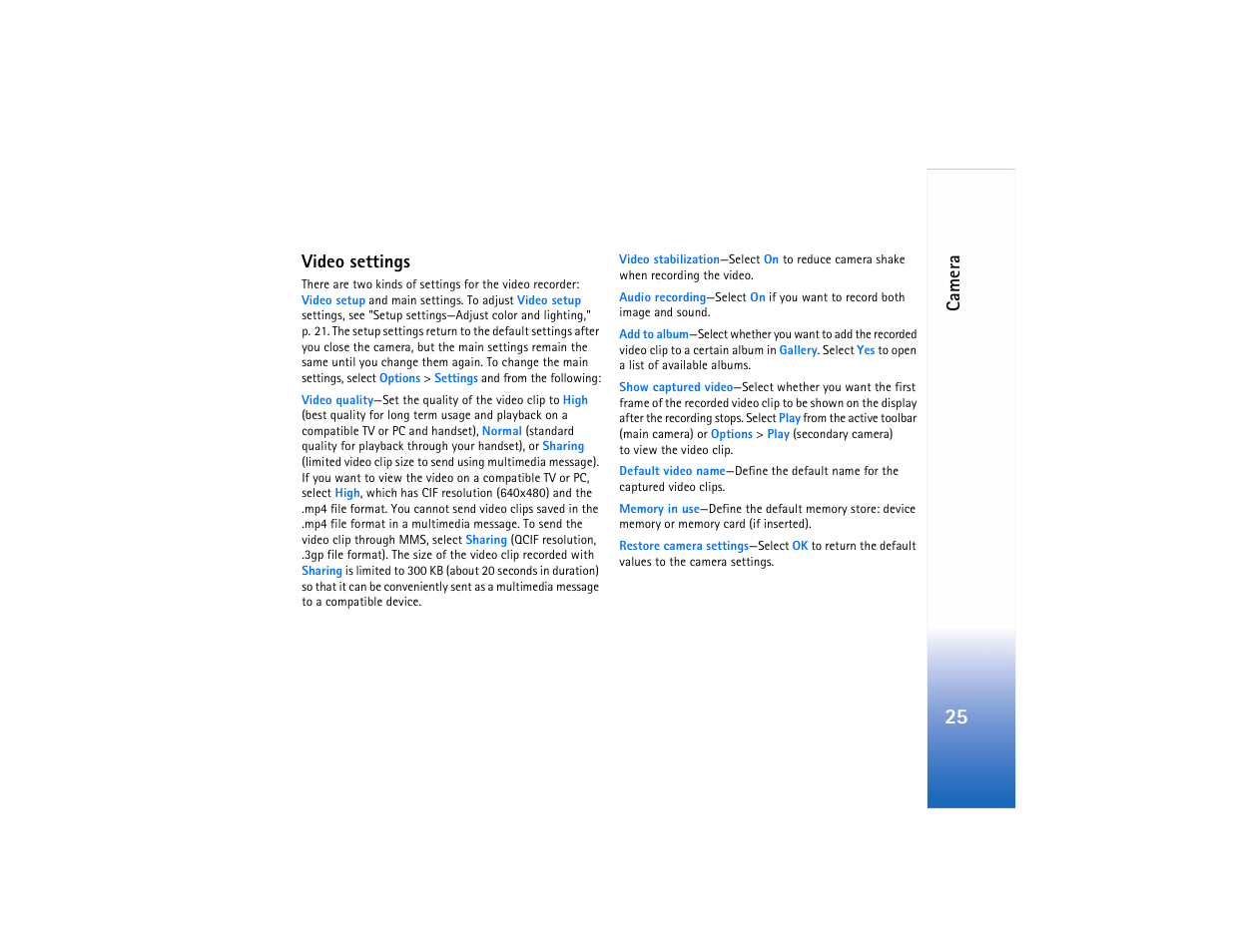 Ca mer a, Video settings | Nokia N73 User Manual | Page 26 / 241