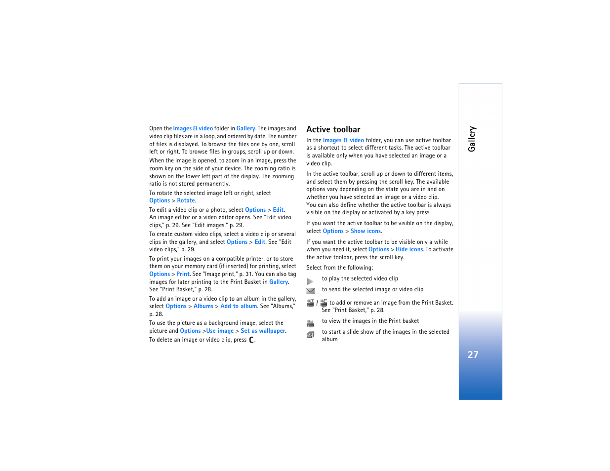 And "active toolbar, Galler y, Active toolbar | Nokia N73 User Manual | Page 28 / 241