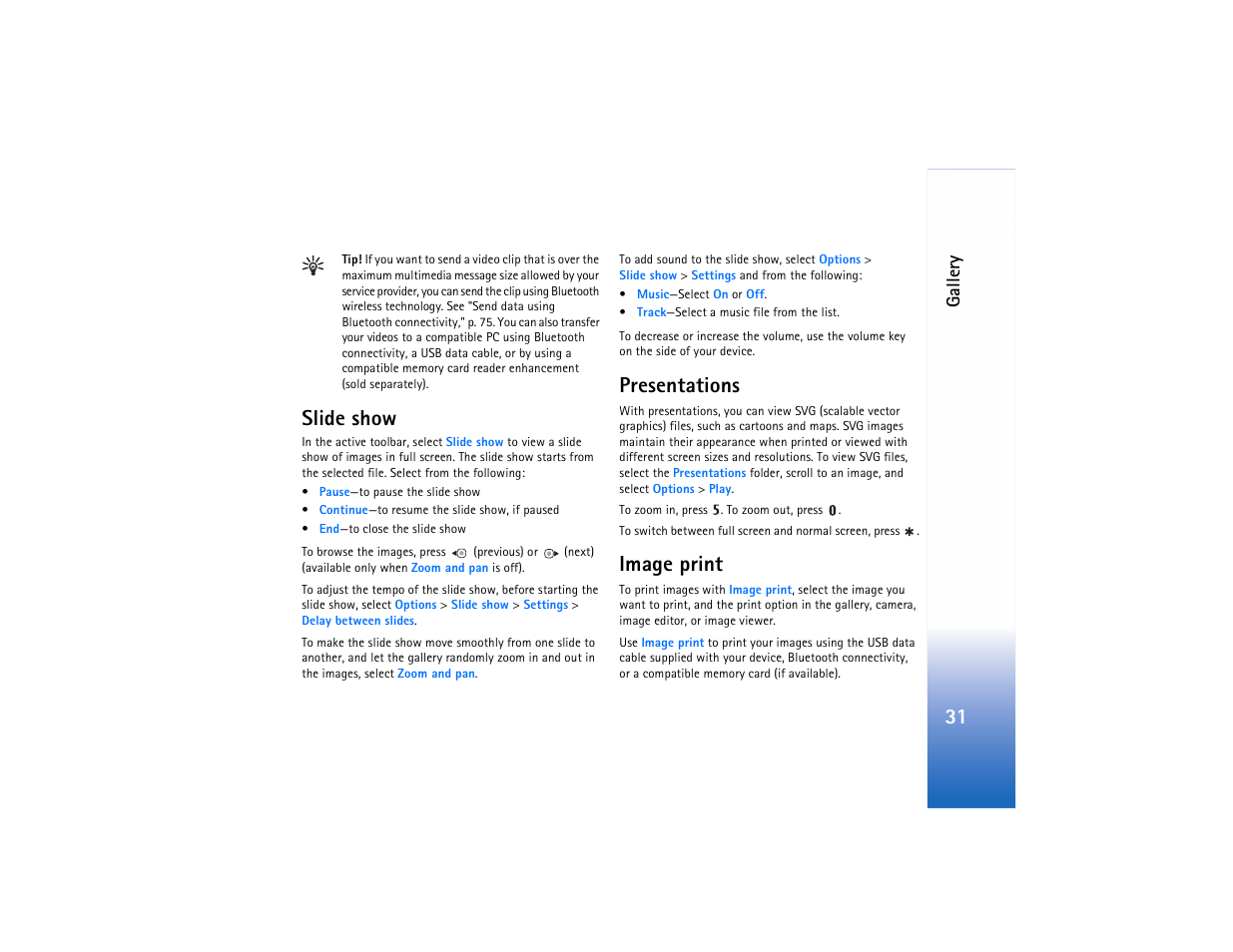 Slide show, Presentations, Image print | Slide show presentations image print, Image print," p. 31, Galler y | Nokia N73 User Manual | Page 32 / 241