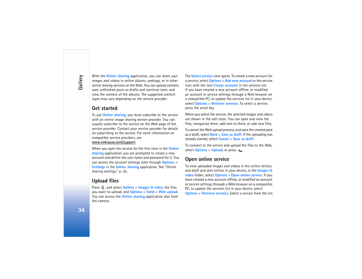 Galler y, Get started, Upload files | Open online service | Nokia N73 User Manual | Page 35 / 241