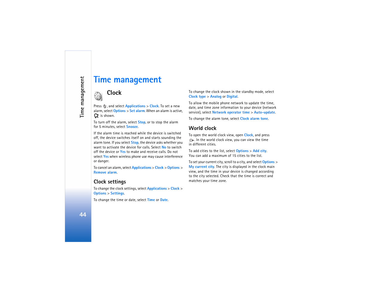 Time management, Clock, Ti me mana g ement | Clock settings, World clock | Nokia N73 User Manual | Page 45 / 241