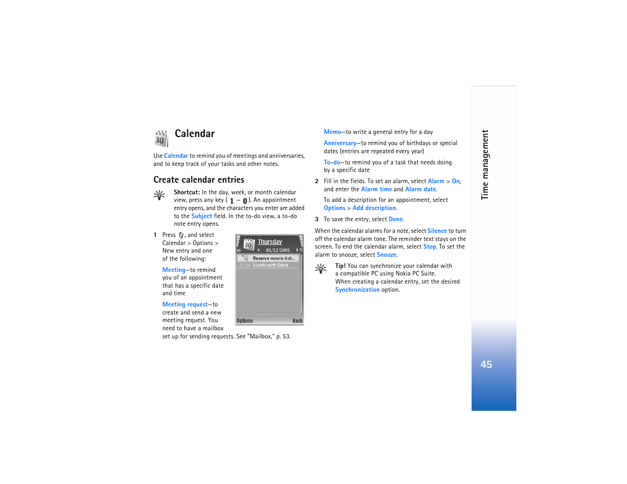 Calendar, 45 calendar, Ti me mana g ement | Create calendar entries | Nokia N73 User Manual | Page 46 / 241