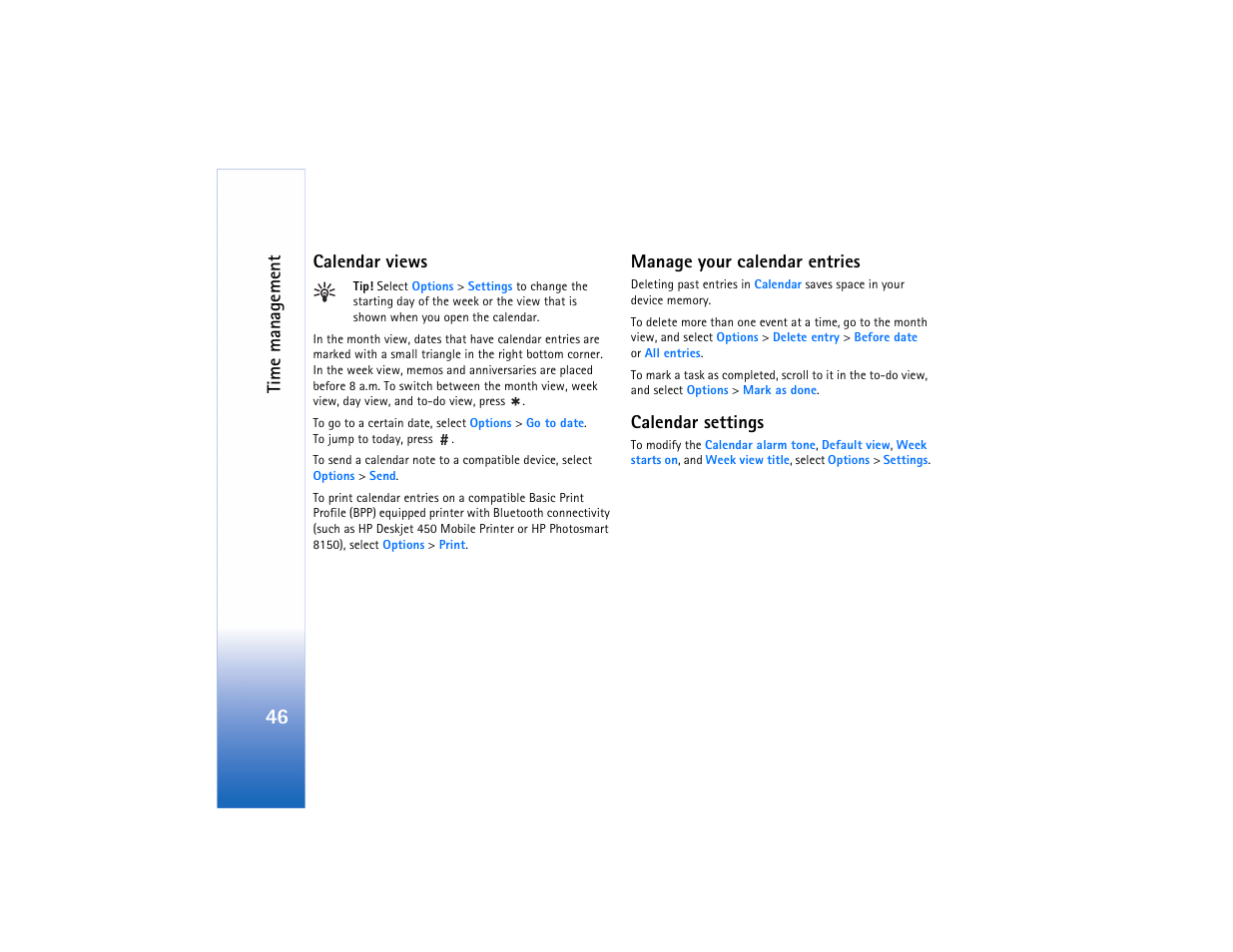 Ti me mana g ement, Calendar views, Manage your calendar entries | Calendar settings | Nokia N73 User Manual | Page 47 / 241