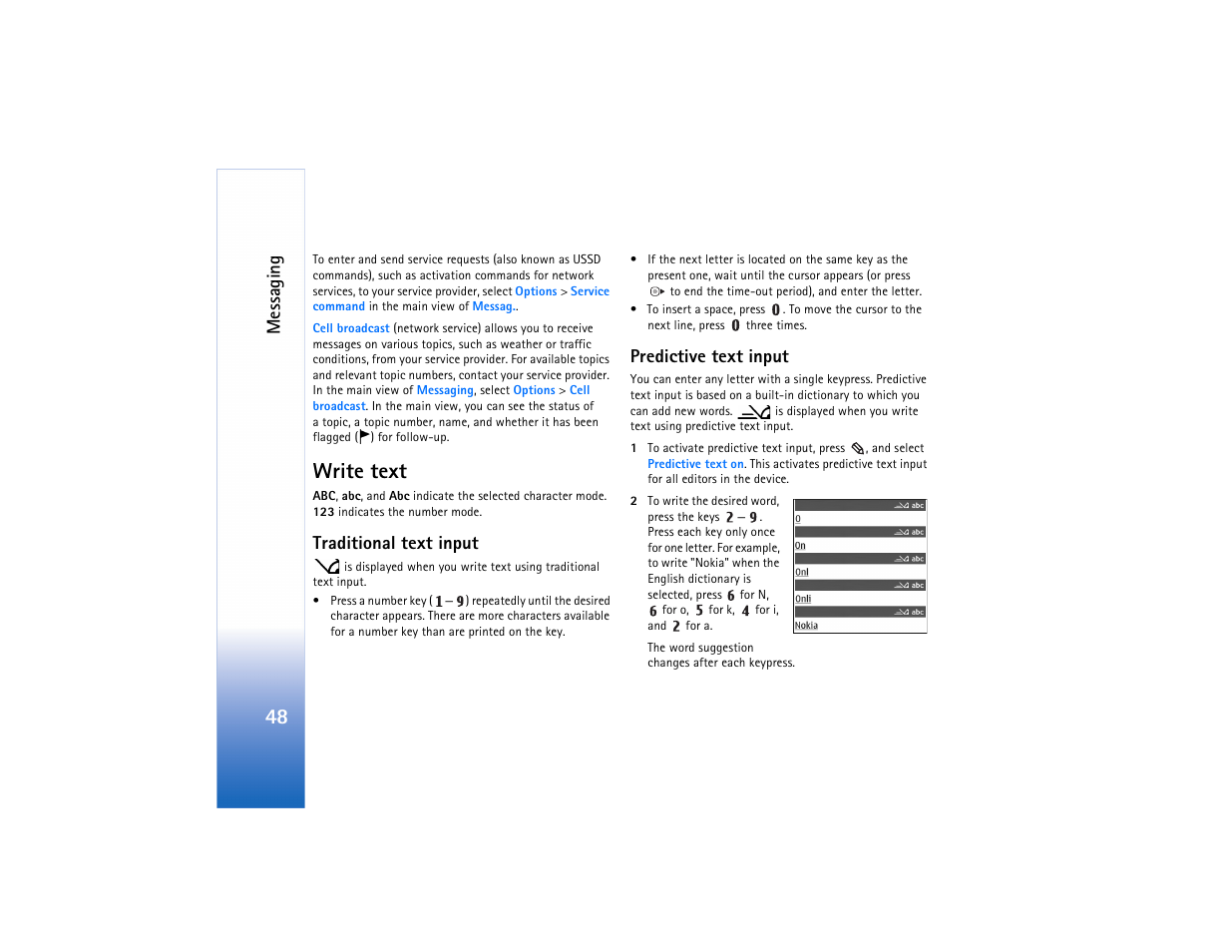 Write text, Messaging, Traditional text input | Predictive text input | Nokia N73 User Manual | Page 49 / 241