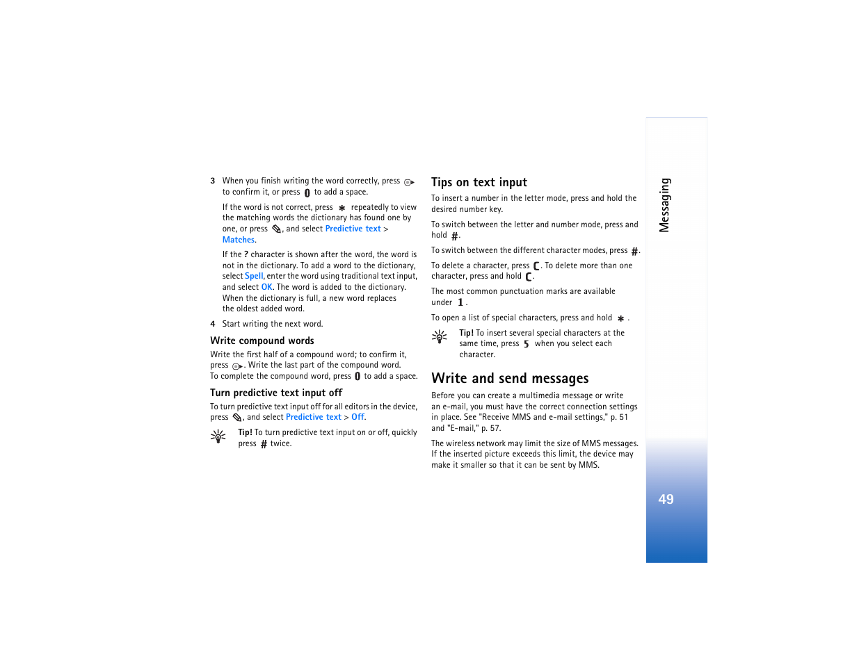 Write and send messages, Messaging, Tips on text input | Nokia N73 User Manual | Page 50 / 241