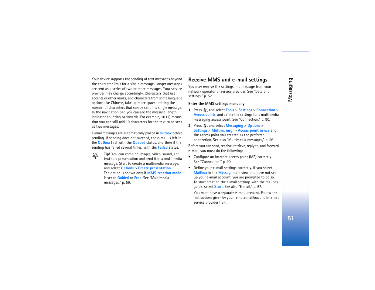 Receive mms and e-mail settings, Messaging | Nokia N73 User Manual | Page 52 / 241