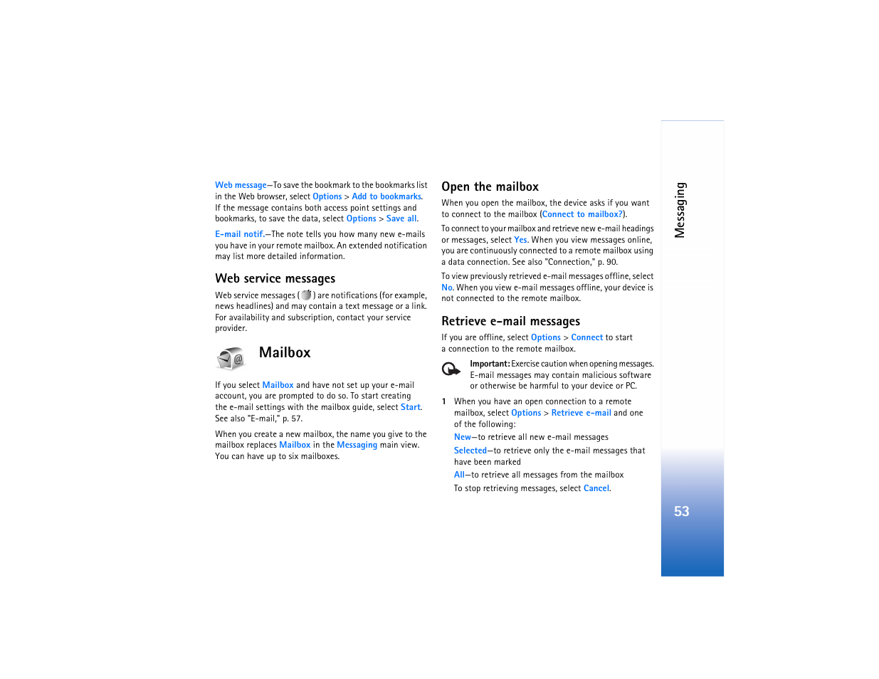 Mailbox, Messaging, Web service messages | Open the mailbox, Retrieve e-mail messages | Nokia N73 User Manual | Page 54 / 241