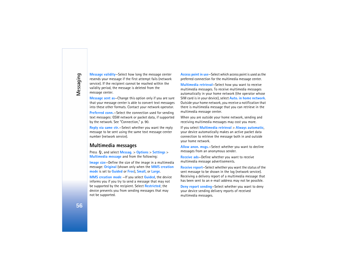 Multimedia, Messages, Multimedia messages," p. 56 | Messaging, Multimedia messages | Nokia N73 User Manual | Page 57 / 241