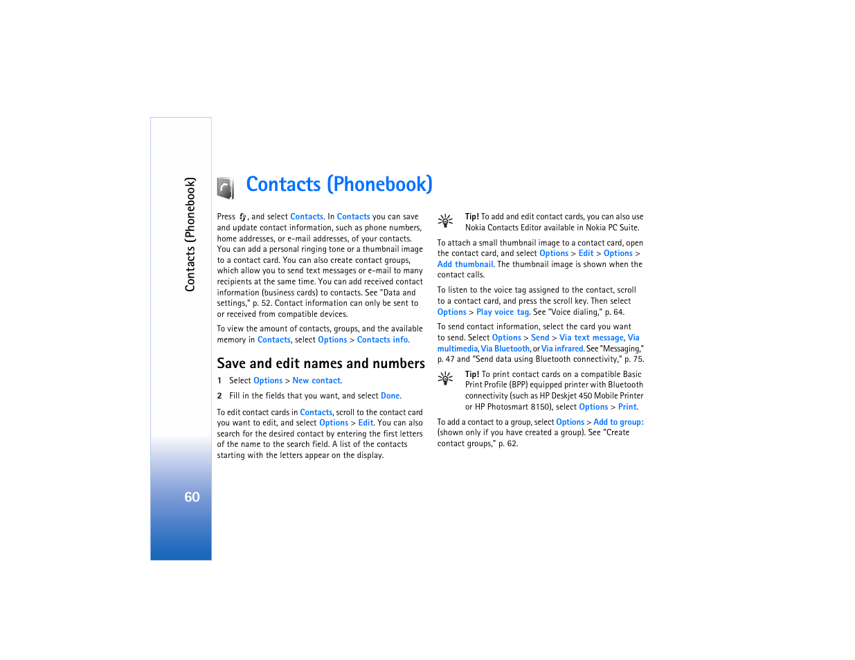 Contacts (phonebook), Save and edit names and numbers | Nokia N73 User Manual | Page 61 / 241