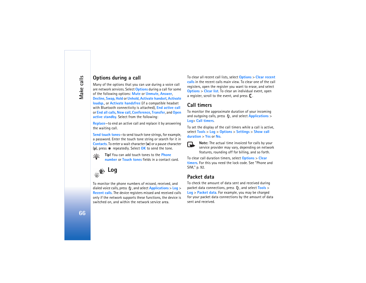 Mak e calls, Options during a call, Call timers | Packet data | Nokia N73 User Manual | Page 67 / 241