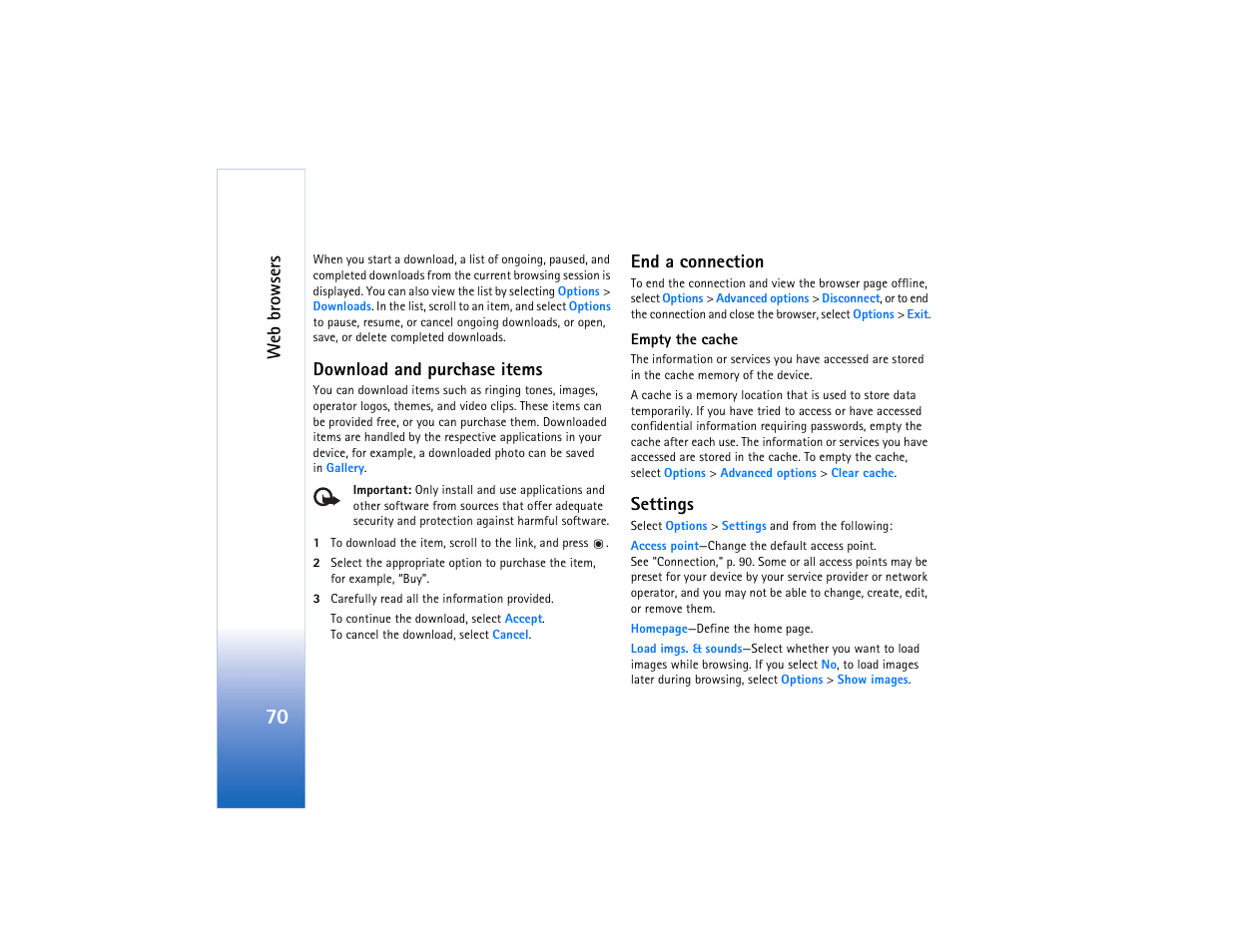 Web browsers, Download and purchase items, End a connection | Settings | Nokia N73 User Manual | Page 71 / 241