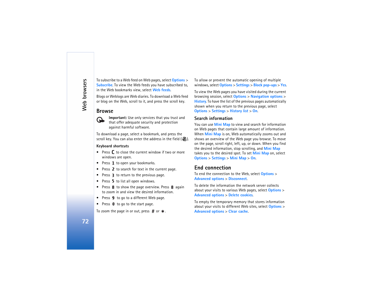 Web browsers, Browse, End connection | Nokia N73 User Manual | Page 73 / 241