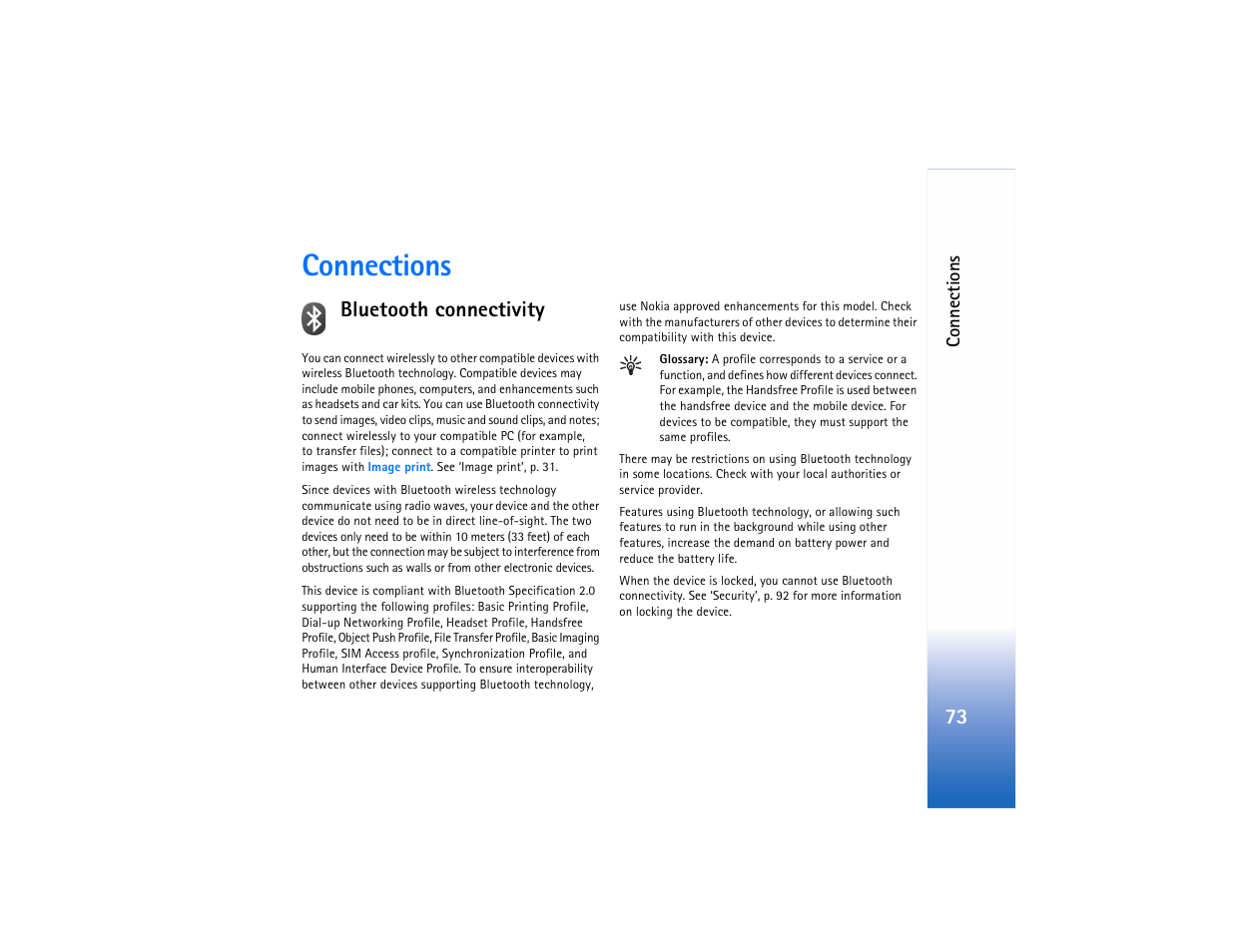Connections, Bluetooth connectivity, E "bluetooth connectivity," p | Bluetooth connectivity," p. 73, Bluetooth connectivity," p | Nokia N73 User Manual | Page 74 / 241