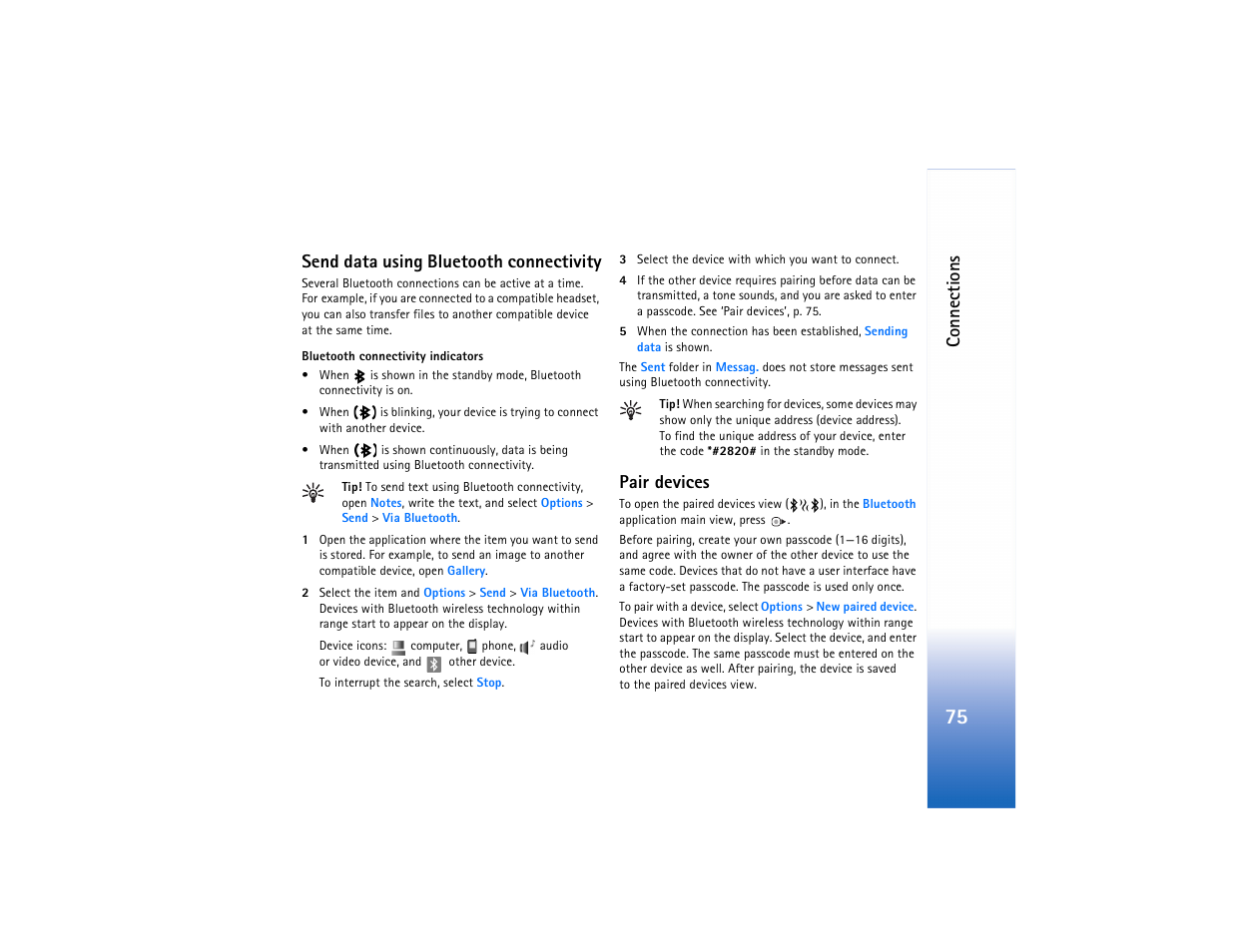 Send data using bluetooth connectivity," p. 75, Con n ec tions, Send data using bluetooth connectivity | Pair devices | Nokia N73 User Manual | Page 76 / 241