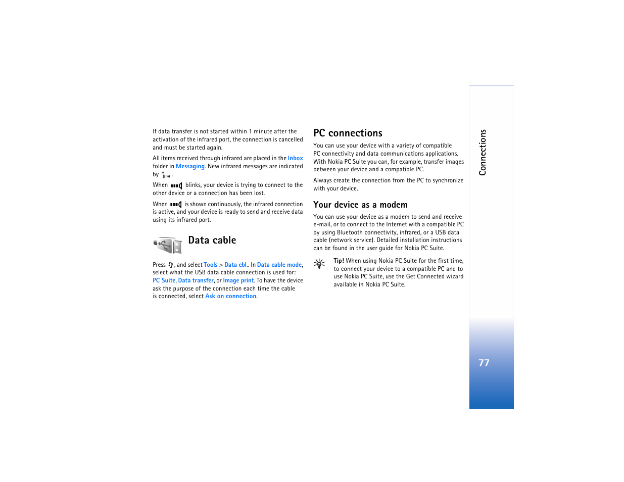 Data cable, Pc connections, Data cable pc connections | Data cable," p | Nokia N73 User Manual | Page 78 / 241
