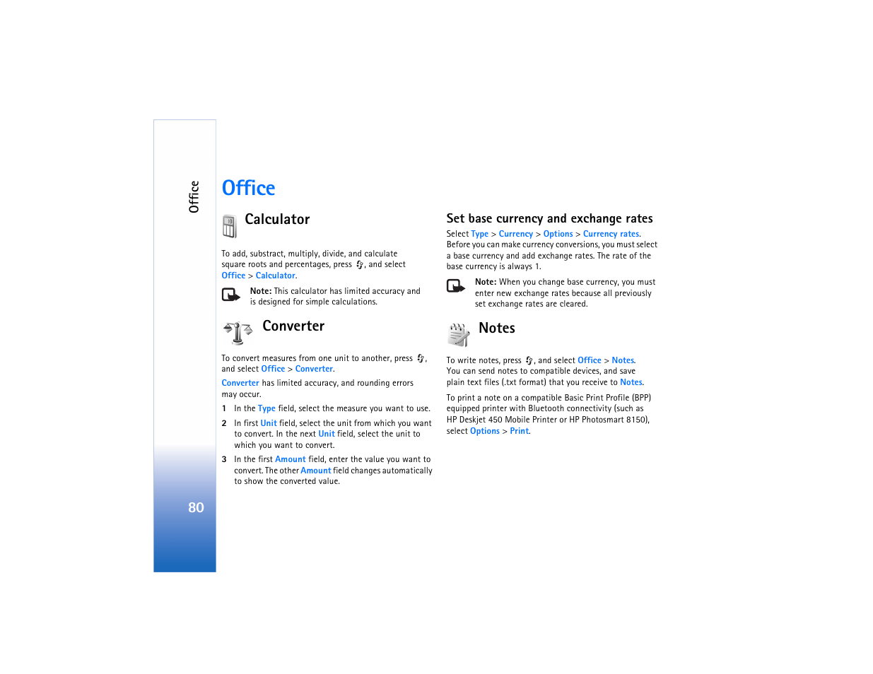 Office, Calculator, Converter | Notes, Calculator converter notes | Nokia N73 User Manual | Page 81 / 241