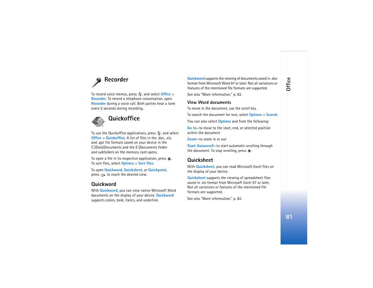 Recorder, Quickoffice, Recorder quickoffice | 81 recorder, Offic e, Quickword, Quicksheet | Nokia N73 User Manual | Page 82 / 241